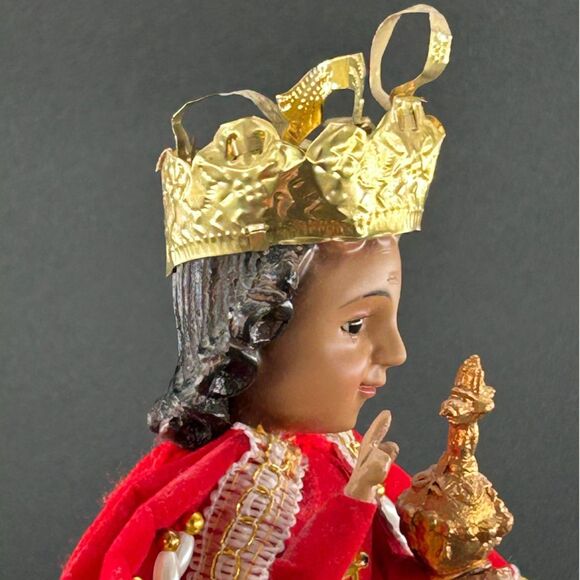Child Jesus, The Santo Nino de Cebu Painted Wood & Flocked Cape Catholic VTG - Picture 5 of 13